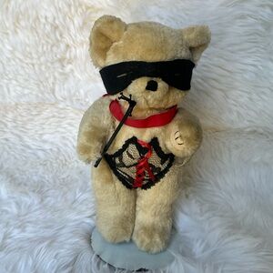 Vintage Naughty Teddy Bear Collectible with Blindfold Corset & Riding Crop